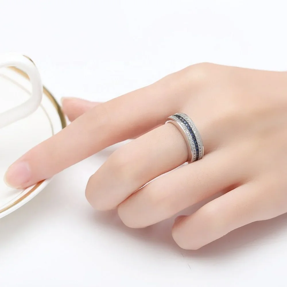 💥925 Silver Plated 3A CZ Blue & White Color Micro Paved Ring, GPMB1489
